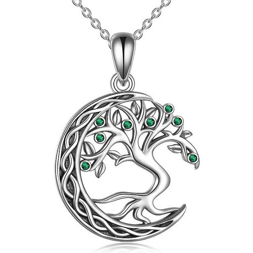 Sterling Silver Circular Shaped Cubic Zirconia Tree Of Life & Moon Pendant Necklace
