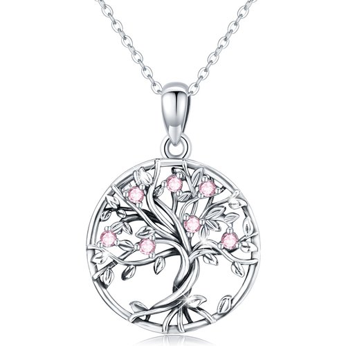 Sterling Silver Circular Shaped Cubic Zirconia Tree Of Life Pendant Necklace