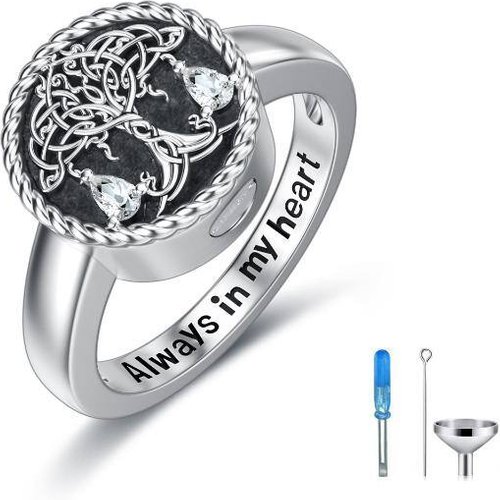 Sterling Silver Round Shaped Cubic Zirconia Tree Of Life Urn Ring