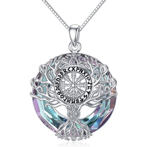Sterling Silver Circular Shaped Tree Of Life & Viking Rune Crystal Pendant Necklace