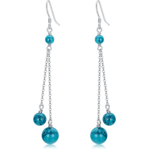 Sterling Silver Circular Shaped Turquoise Bead Drop Earrings