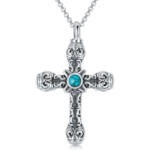 Sterling Silver Circular Shaped Turquoise Cross Urn Necklace for Ashes