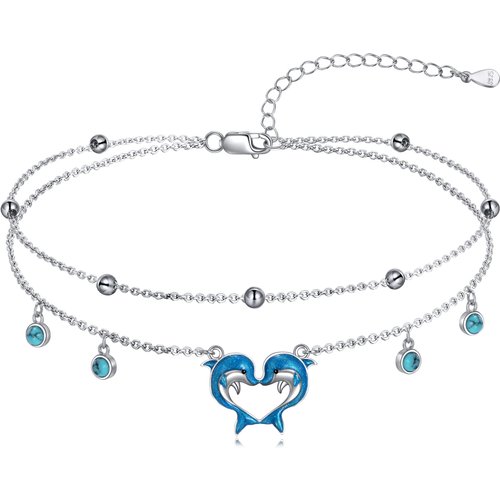 Sterling Silver Circular Shaped Turquoise Dolphin & Heart Multi-layered Anklet