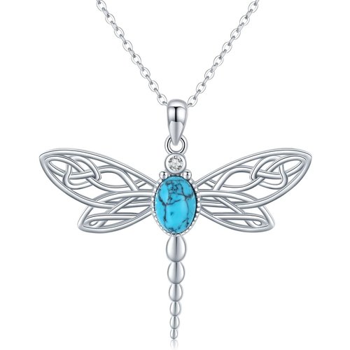 Sterling Silver Circular Shaped Cubic Zirconia & Turquoise Dragonfly Pendant Necklace