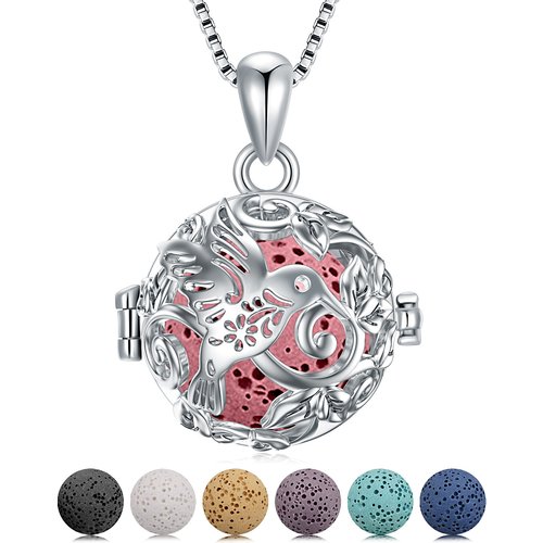 Sterling Silver Circular Shaped Volcanic Stone Hummingbird Pendant Necklace