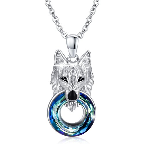 Sterling Silver Circular Shaped Wolf Crystal Pendant Necklace