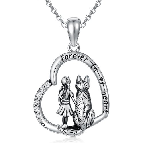 Sterling Silver Circular Shaped Cubic Zirconia Wolf & Heart Pendant Necklace with Engraved Word