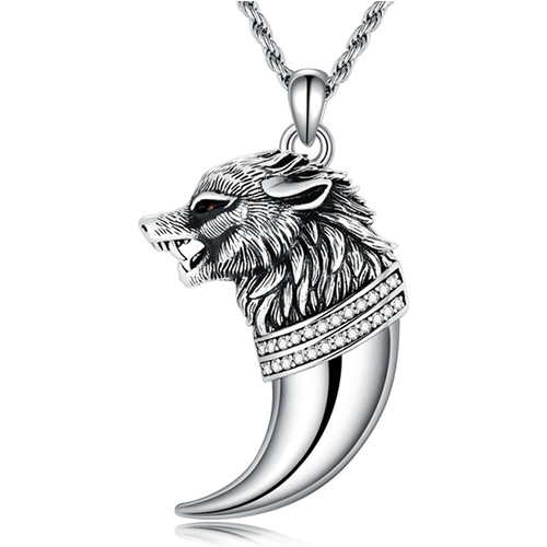 Sterling Silver Circular Shaped Cubic Zirconia Wolf Pendant Necklace