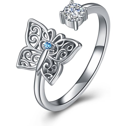 Sterling Silver Round Shaped Zircon Butterfly Open Ring