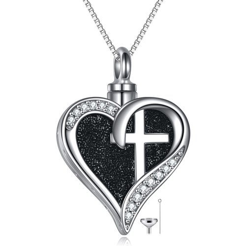 Sterling Silver Circular Shaped Zircon Cross & Heart Urn Necklace for Ashes with Engraved Word