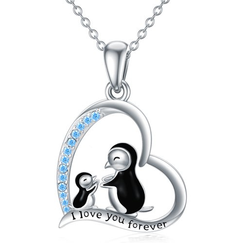 Sterling Silver Circular Shaped Zircon Penguin Pendant Necklace with Engraved Word
