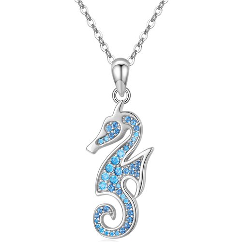 Sterling Silver Circular Shaped Zircon Seahorse Pendant Necklace