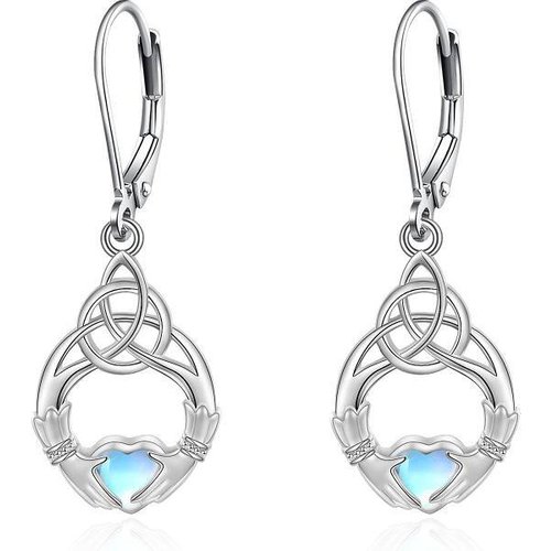 Sterling Silver Heart Moonstone Celtic Knot & Prayer Hands Lever-back Earrings for Women