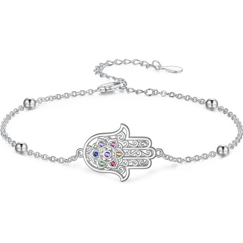 Sterling Silver Cubic Zirconia Lotus & Hamsa Hand Single Layer Charm Anklet