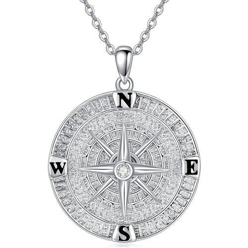 Sterling Silver Cubic Zirconia Compass Pendant Necklace for Men