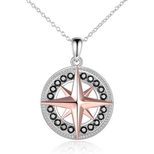 Sterling Silver Two-tone Compass Circle Necklace for Women