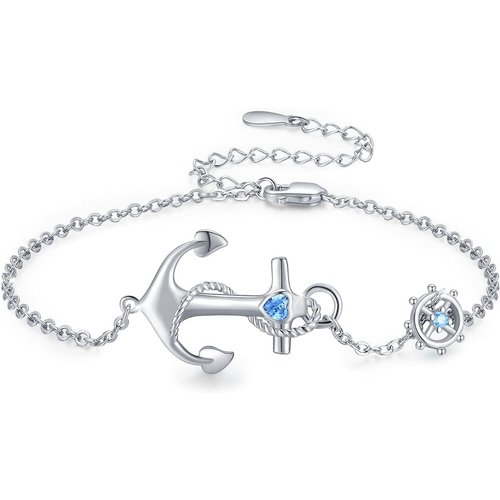 Sterling Silver Cubic Zirconia Compass & Rudder Charm Bracelet