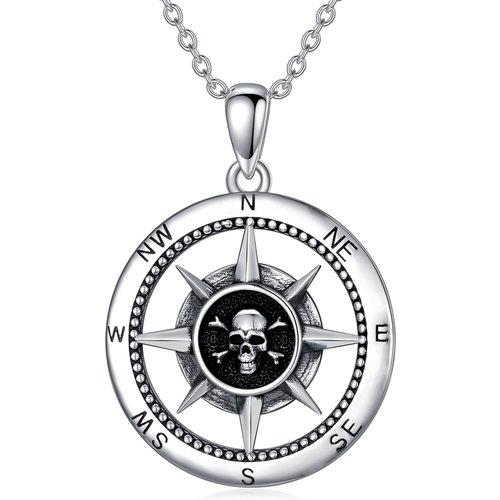 Sterling Silver Compass & Skull Pendant Necklace