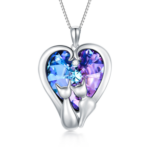 Sterling Silver Couple Cat & Heart Crystal Pendant Necklace