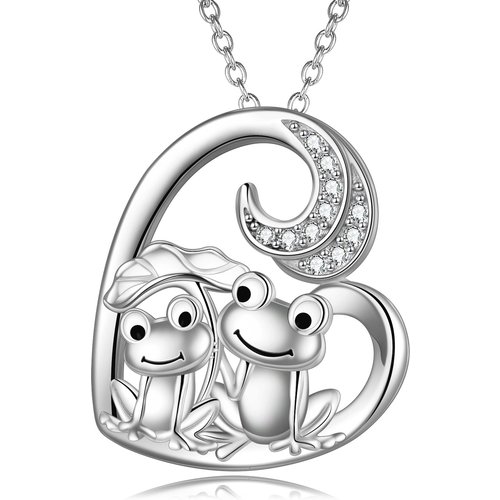 Sterling Silver Cubic Zirconia Couple Frog & Lotus Leaf Heart Pendant Necklace