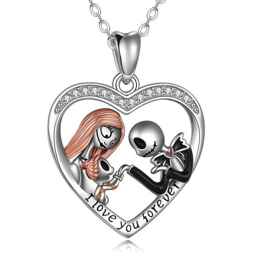 Sterling Silver Cubic Zirconia Couple & Heart Pendant Necklace with Engraved Word