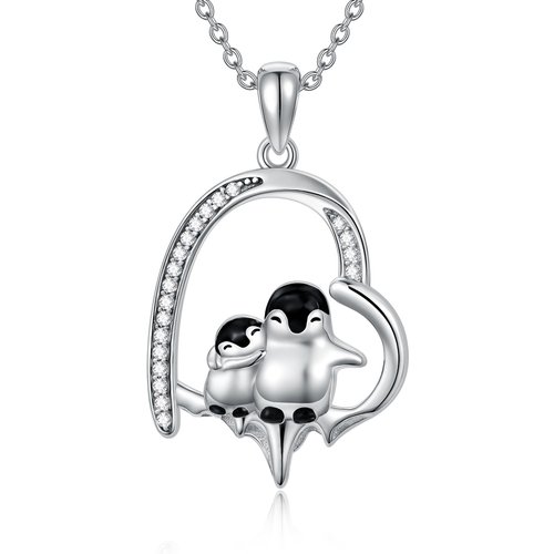 Sterling Silver Cubic Zirconia Couple Penguin & Heart Melting Ice Pendant Necklace