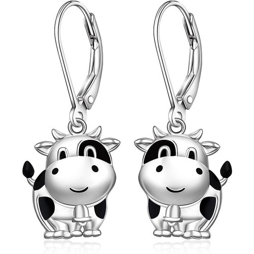 Sterling Silver Cow & Bell Lever-back Earrings