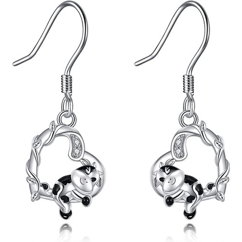 Sterling Silver Zircon Cow & Heart Drop Earrings