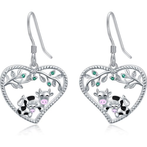 Sterling Silver Cow & Heart Drop Earrings