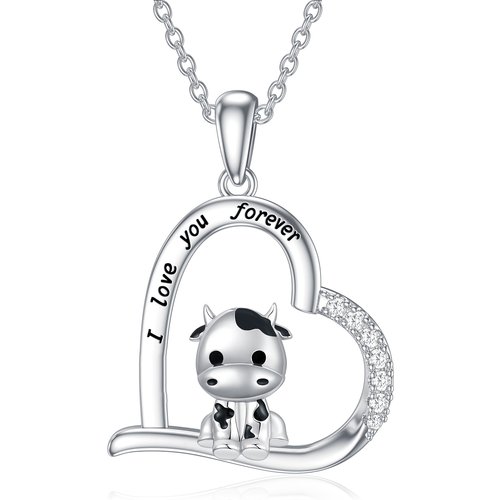 Sterling Silver Cow & Heart Pendant Necklace Engraved I Love You Forever