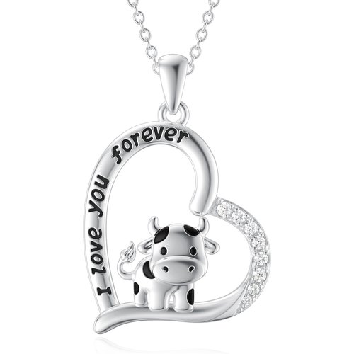 Sterling Silver Cubic Zirconia Cow & Heart Pendant Necklace with Engraved Word