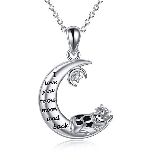 Sterling Silver Cubic Zirconia Cow & Moon Pendant Necklace