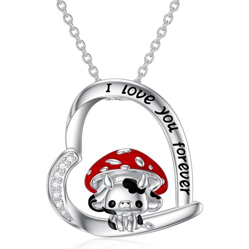 Sterling Silver Cow & Mushroom Pendant Necklace with Engraved Word