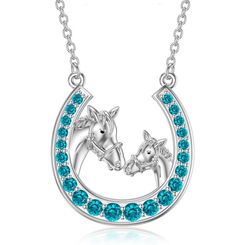 Sterling Silver Created Tourmaline Horse & Horseshoe Pendant Necklace
