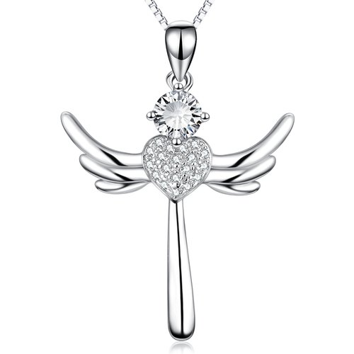Sterling Silver Cubic Zirconia Angel Wing Heart Necklace for Women