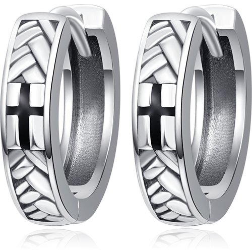 Sterling Silver Cross Hoop Earrings for Men