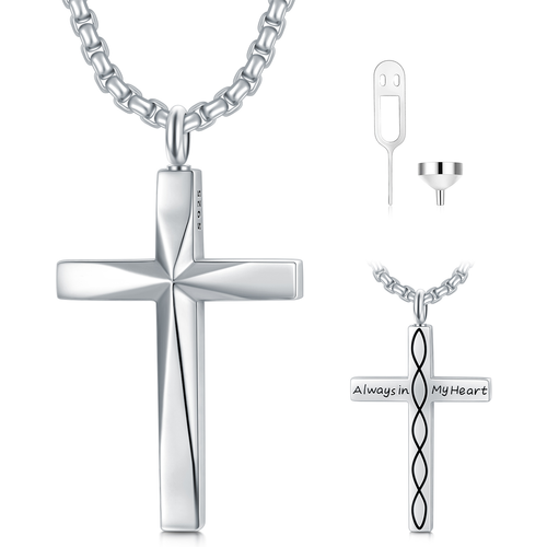 Sterling Silver Cross & Infinity Symbol Urn Necklace for Ashes with Engraved Word
