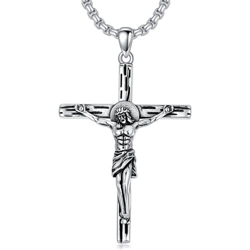 Sterling Silver Cross & Jesus Pendant Necklace for Men