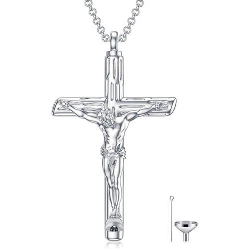 Sterling Silver Cross Jesus Urn Necklace For Ashes For Men