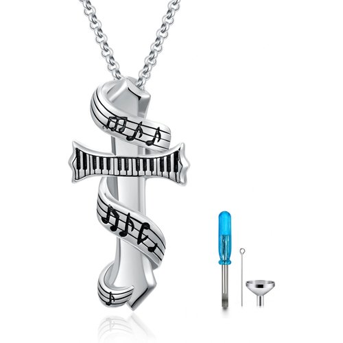 Sterling Silver Cross With Music Symbol With Piano Urn Necklace For Ashes For Women
