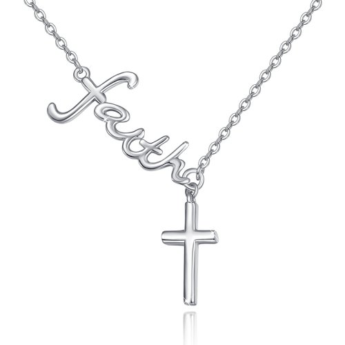 Sterling Silver Cross Non-adjustable Y-Necklace with Engraved Word