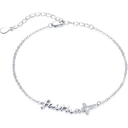 Sterling Silver Cubic Zirconia Cross Charm Bracelet with Engraved Word