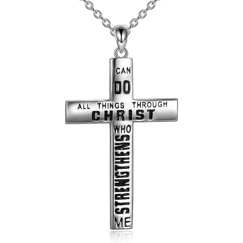 Sterling Silver Cross Pendant Necklace with Engraved Word