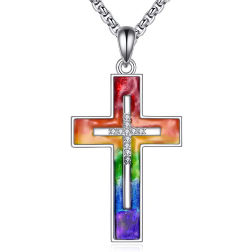 Sterling Silver Cubic Zirconia Cross & Rainbow Pendant Necklace