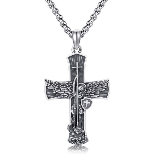 Sterling Silver Cross & Saint Michael Pendant Necklace for Men