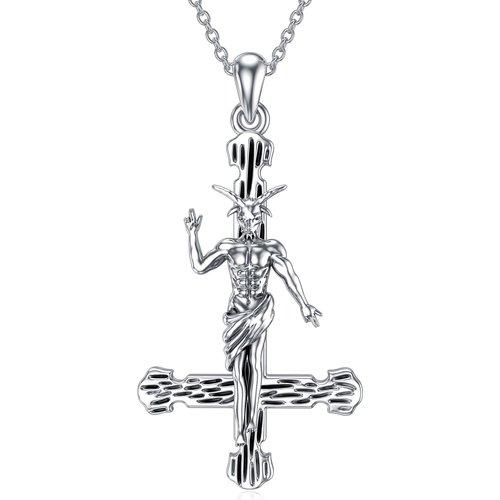 Sterling Silver Cross & Satanic Goat Pendant Necklace