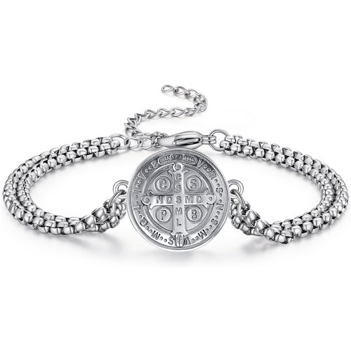 Sterling Silver Cross & St Benedict Medal Charm Bracelet for Men