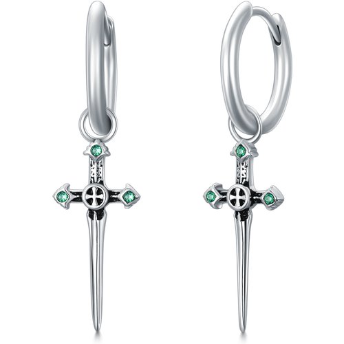 Sterling Silver Cubic Zirconia Cross & Sword Drop Earrings