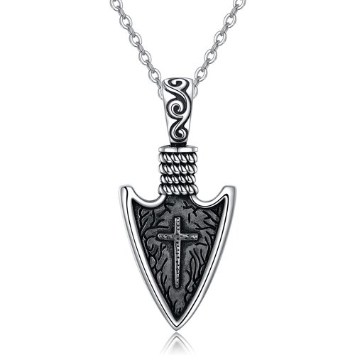 Sterling Silver Cross & Viking Spear Head Pendant Necklace for Men