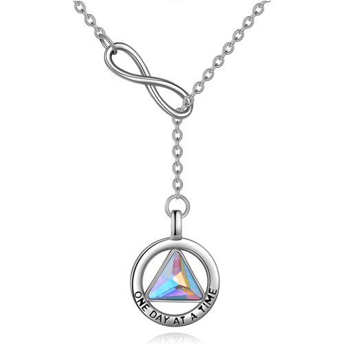 Sterling Silver Crystal Alcoholics Anonymous & Infinity Symbol Adjustable Y Necklace with Engraved Word